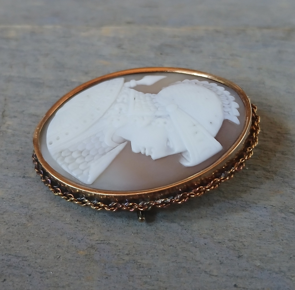 Antique Victorian Carved Shell Cameo 14K Rose Gold Brooch Roman Greek Warrior - Picture 5 of 16